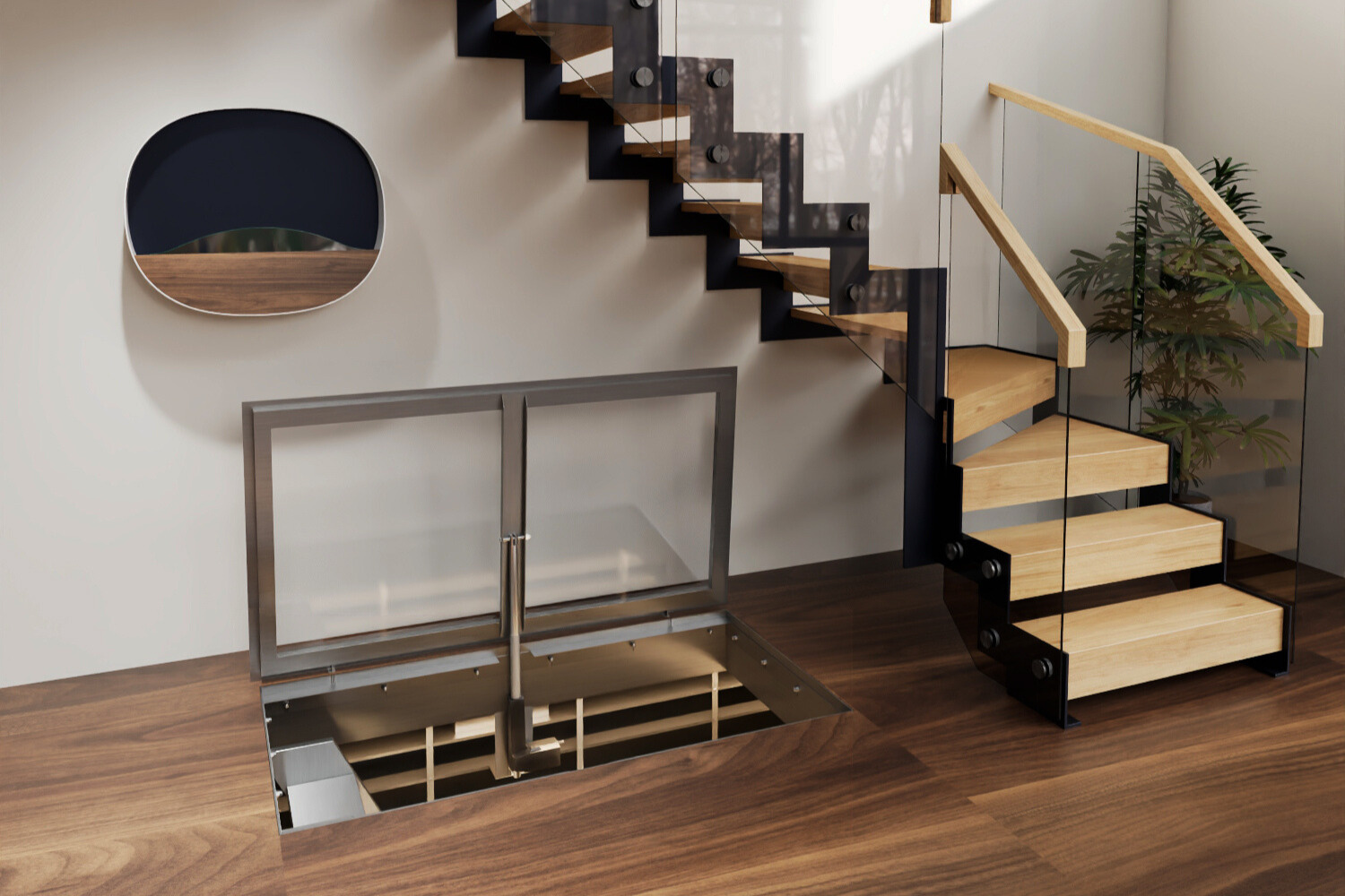 Under-stairs wine cellar with glass and lighting